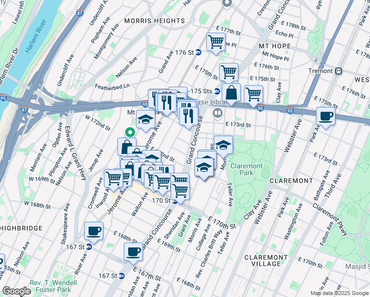 map of restaurants, bars, coffee shops, grocery stores, and more near 1555 Grand Concourse in The Bronx