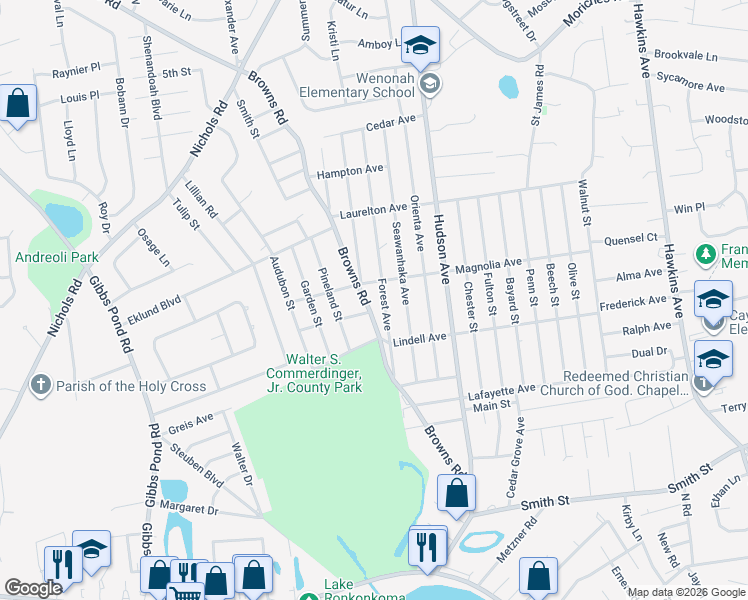 map of restaurants, bars, coffee shops, grocery stores, and more near 30 Oakdale Avenue in Nesconset