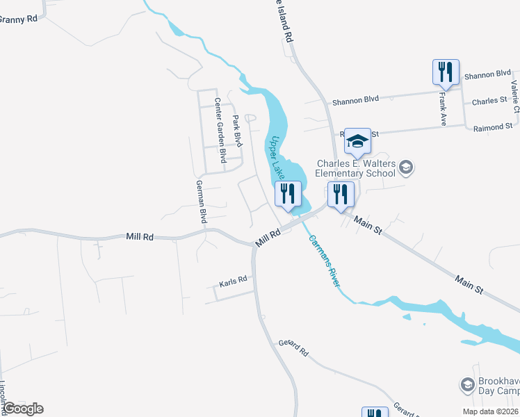 map of restaurants, bars, coffee shops, grocery stores, and more near 45 Schiller Court in Yaphank