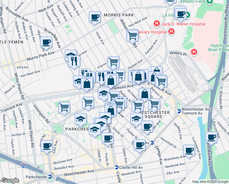 map of restaurants, bars, coffee shops, grocery stores, and more near 2431 Lyvere Street in The Bronx