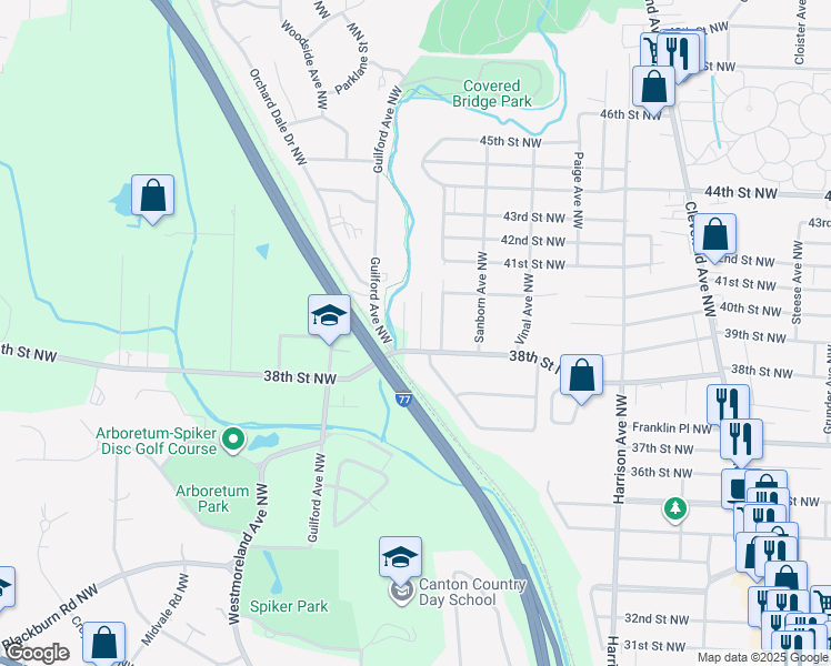 map of restaurants, bars, coffee shops, grocery stores, and more near 2701 38th Street Northwest in Canton