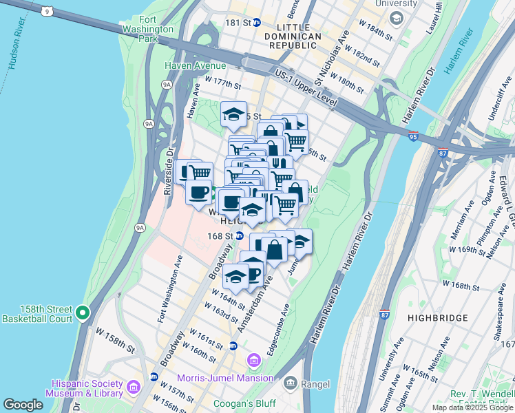 map of restaurants, bars, coffee shops, grocery stores, and more near 567 West 170th Street in New York