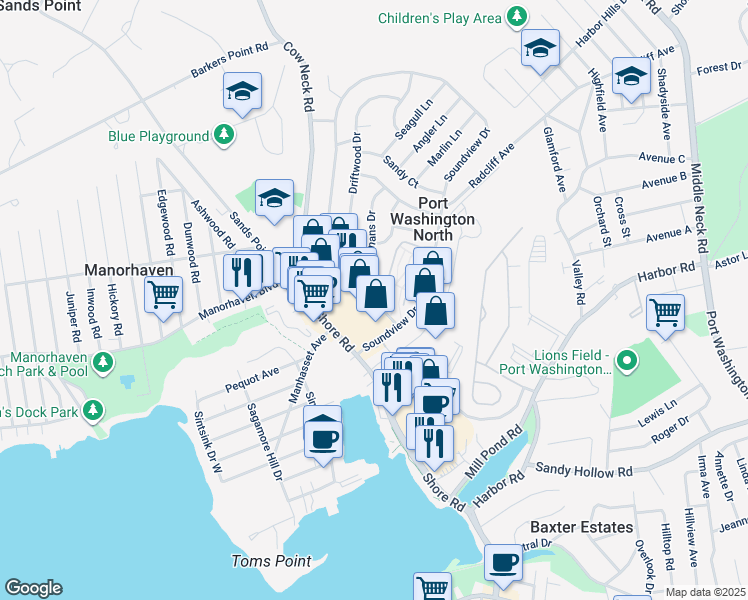 map of restaurants, bars, coffee shops, grocery stores, and more near 2 Wildwood Gardens in Port Washington