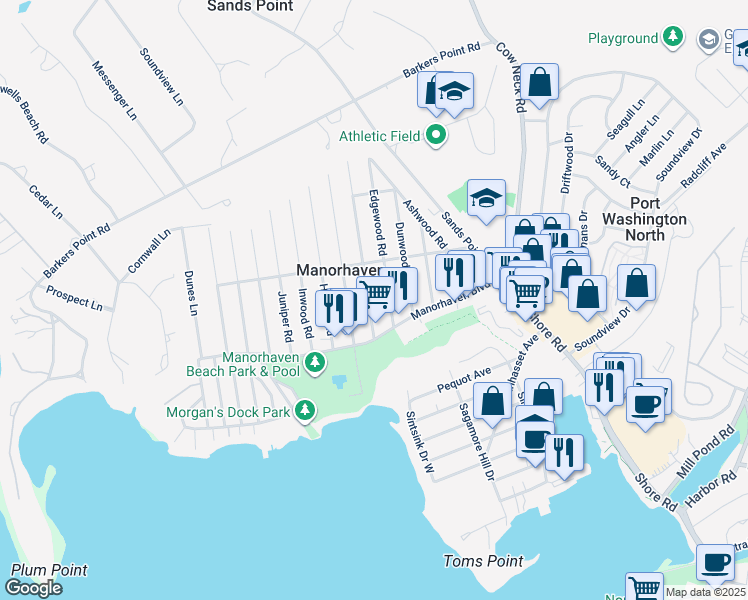 map of restaurants, bars, coffee shops, grocery stores, and more near 9 Edgewood Road in Port Washington