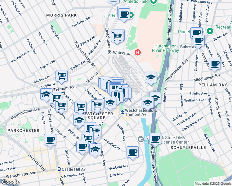 map of restaurants, bars, coffee shops, grocery stores, and more near 50 Williamsbridge Road in Bronx