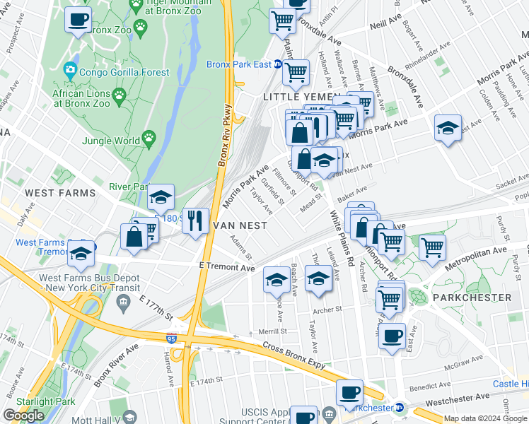 map of restaurants, bars, coffee shops, grocery stores, and more near 565 Van Nest Avenue in The Bronx