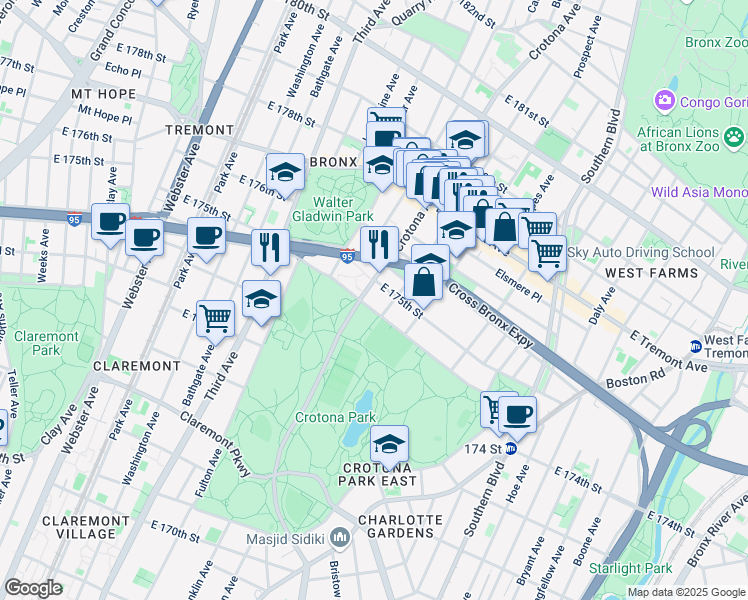 map of restaurants, bars, coffee shops, grocery stores, and more near 1801 Clinton Avenue in Bronx