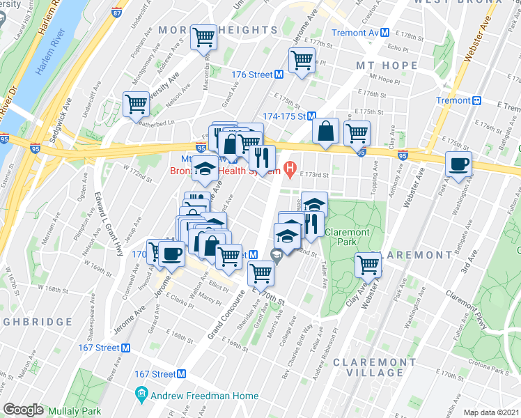 map of restaurants, bars, coffee shops, grocery stores, and more near 1555 Grand Concourse in The Bronx