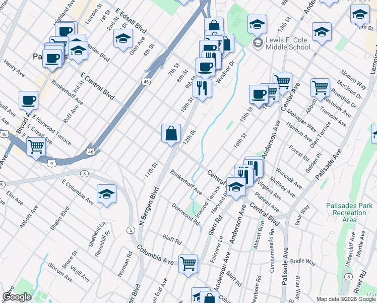 map of restaurants, bars, coffee shops, grocery stores, and more near 437 East Central Boulevard in Palisades Park