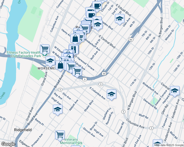 map of restaurants, bars, coffee shops, grocery stores, and more near 105 Abbott Avenue in Palisades Park