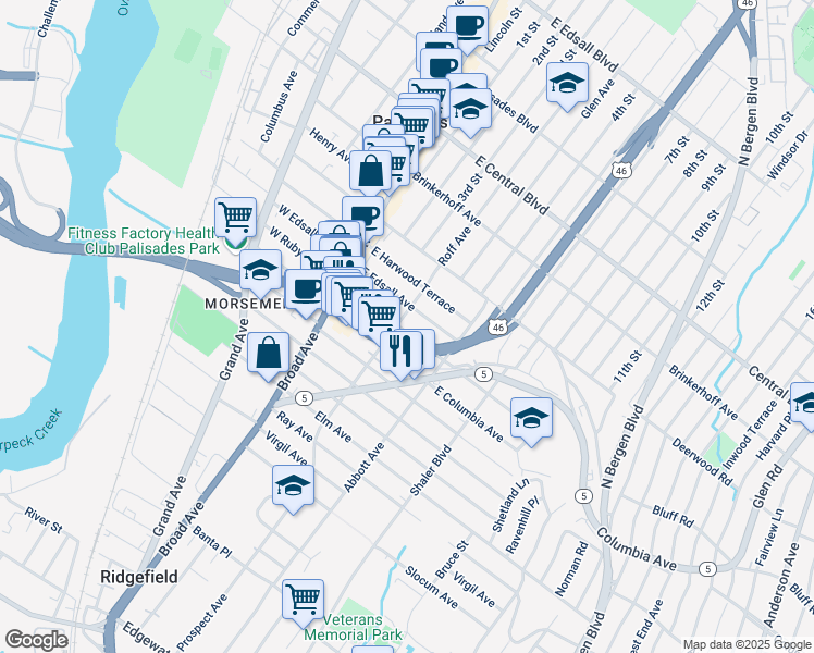 map of restaurants, bars, coffee shops, grocery stores, and more near in Palisades Park
