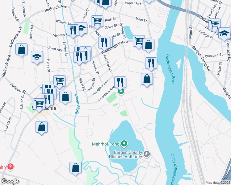 map of restaurants, bars, coffee shops, grocery stores, and more near 135 Mehrhof Road in Little Ferry
