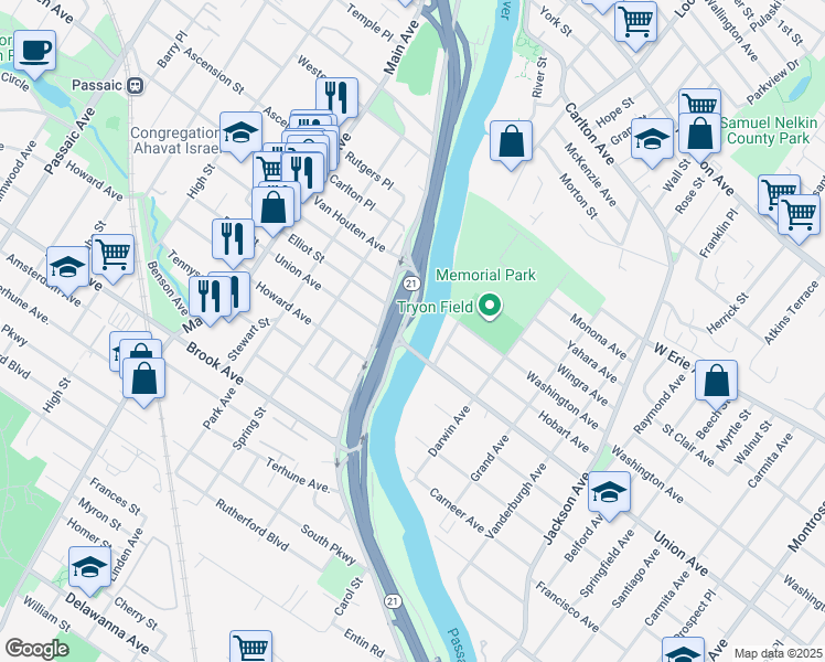 map of restaurants, bars, coffee shops, grocery stores, and more near Union Avenue in Rutherford