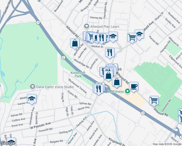 map of restaurants, bars, coffee shops, grocery stores, and more near 80 Orchard Drive in Clifton
