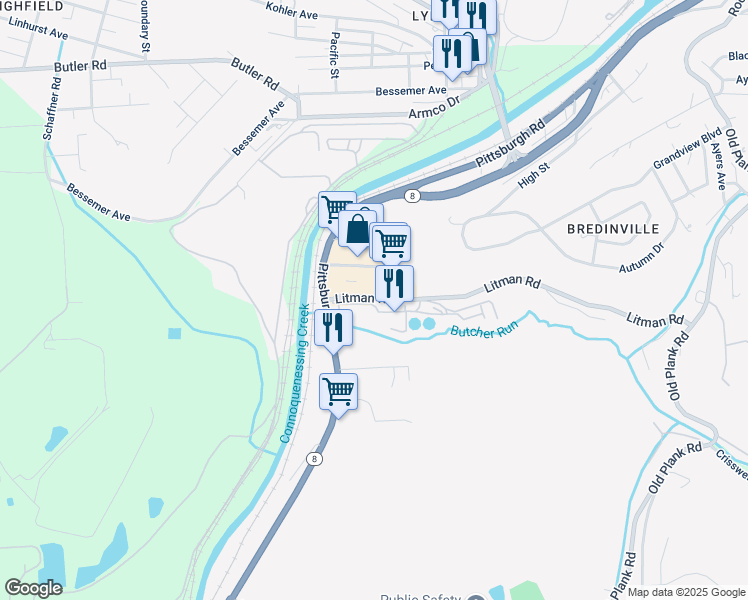 map of restaurants, bars, coffee shops, grocery stores, and more near 124 Litman Road in Butler