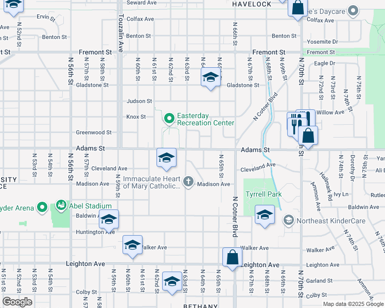 map of restaurants, bars, coffee shops, grocery stores, and more near 2930 North 63rd Street in Lincoln