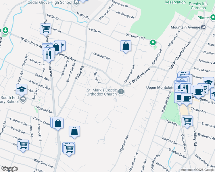 map of restaurants, bars, coffee shops, grocery stores, and more near 3 Highpoint in Cedar Grove