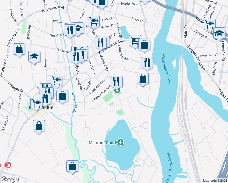 map of restaurants, bars, coffee shops, grocery stores, and more near 135 Mehrhof Road in Little Ferry