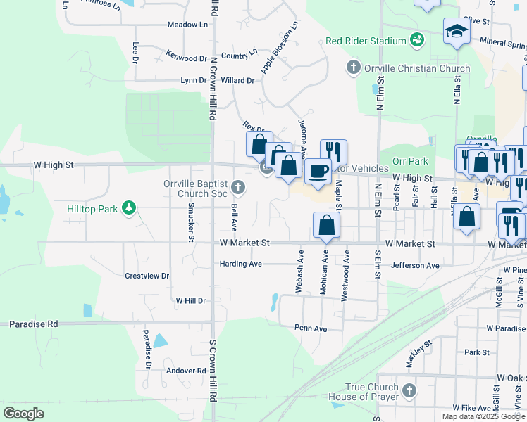 map of restaurants, bars, coffee shops, grocery stores, and more near 163 Chateau Circle in Orrville