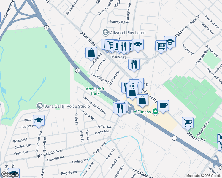 map of restaurants, bars, coffee shops, grocery stores, and more near 80 Orchard Drive in Clifton