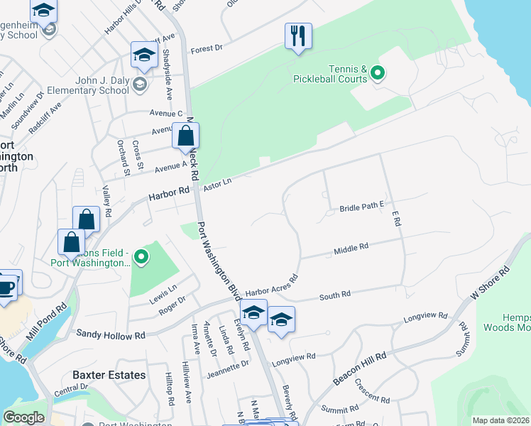 map of restaurants, bars, coffee shops, grocery stores, and more near 25 Wood Road in Sands Point