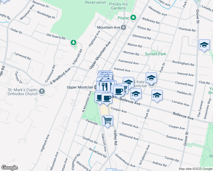 map of restaurants, bars, coffee shops, grocery stores, and more near 623 Valley Road in Montclair