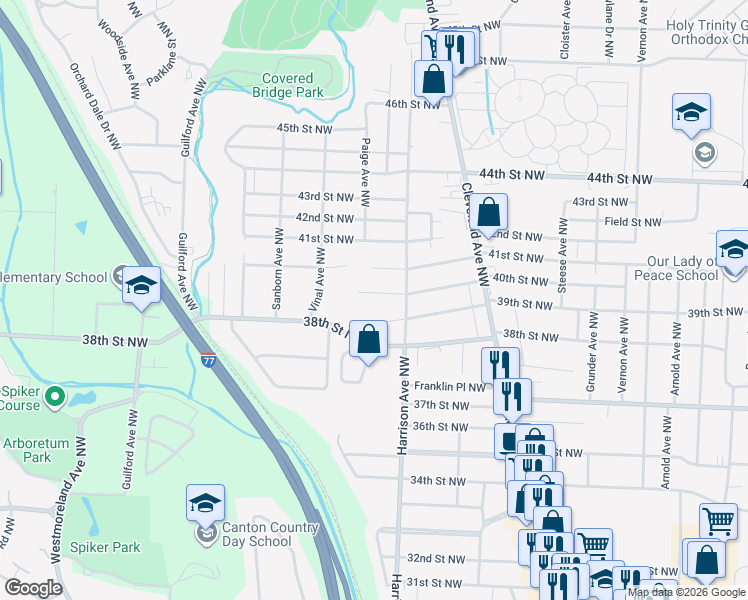 map of restaurants, bars, coffee shops, grocery stores, and more near 2236 40th Street Northwest in Canton