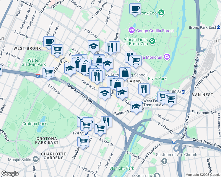 map of restaurants, bars, coffee shops, grocery stores, and more near 919 East Tremont Avenue in Bronx