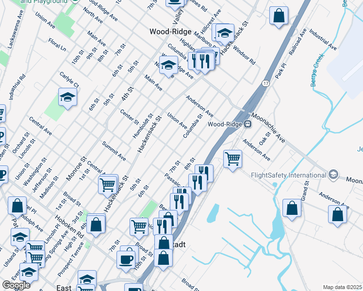 map of restaurants, bars, coffee shops, grocery stores, and more near 561 Center Street in Wood-Ridge