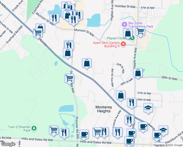 map of restaurants, bars, coffee shops, grocery stores, and more near 4171 Foxhaven Avenue Northwest in Canton