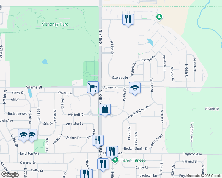 map of restaurants, bars, coffee shops, grocery stores, and more near 8501 Adams Street in Lincoln