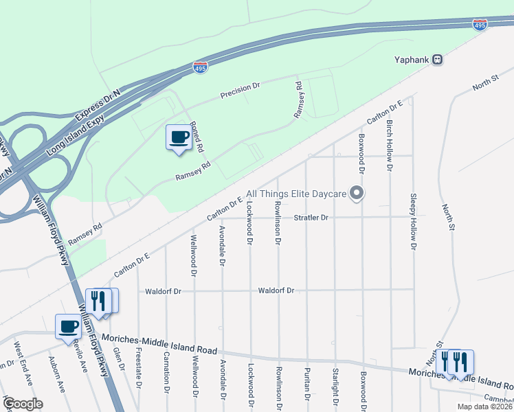 map of restaurants, bars, coffee shops, grocery stores, and more near 21 Stratler Drive in Shirley