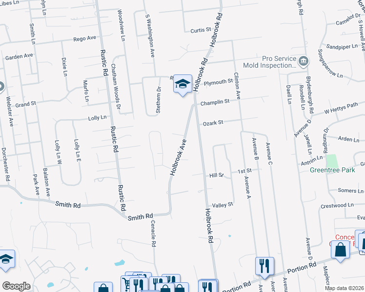 map of restaurants, bars, coffee shops, grocery stores, and more near 219 Holbrook Avenue in Ronkonkoma