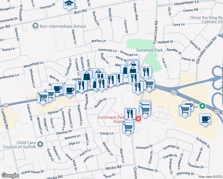 map of restaurants, bars, coffee shops, grocery stores, and more near 6270 Jericho Turnpike in Commack