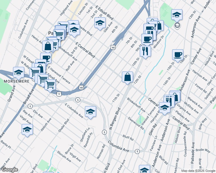map of restaurants, bars, coffee shops, grocery stores, and more near 316A Brinkerhoff Avenue in Palisades Park