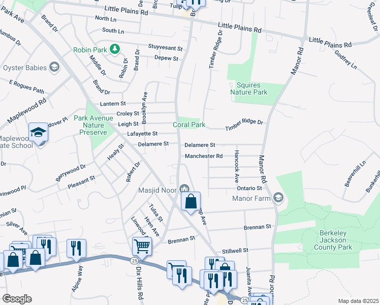 map of restaurants, bars, coffee shops, grocery stores, and more near 2 Manchester Road in Huntington