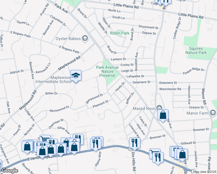 map of restaurants, bars, coffee shops, grocery stores, and more near 4 Lafayette Street in Huntington