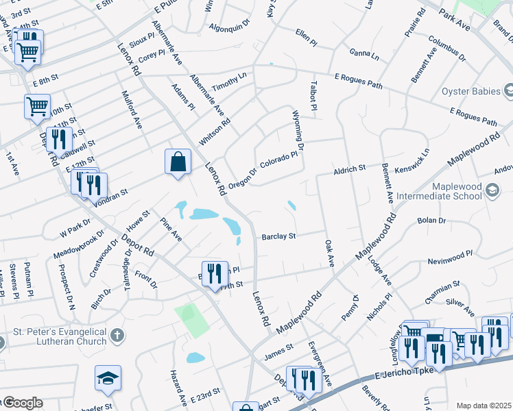 map of restaurants, bars, coffee shops, grocery stores, and more near 6 Crabapple Court in Huntington Station