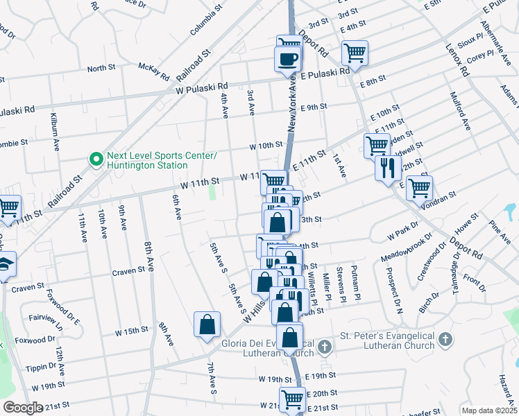 map of restaurants, bars, coffee shops, grocery stores, and more near 127 3rd Avenue in Huntington Station