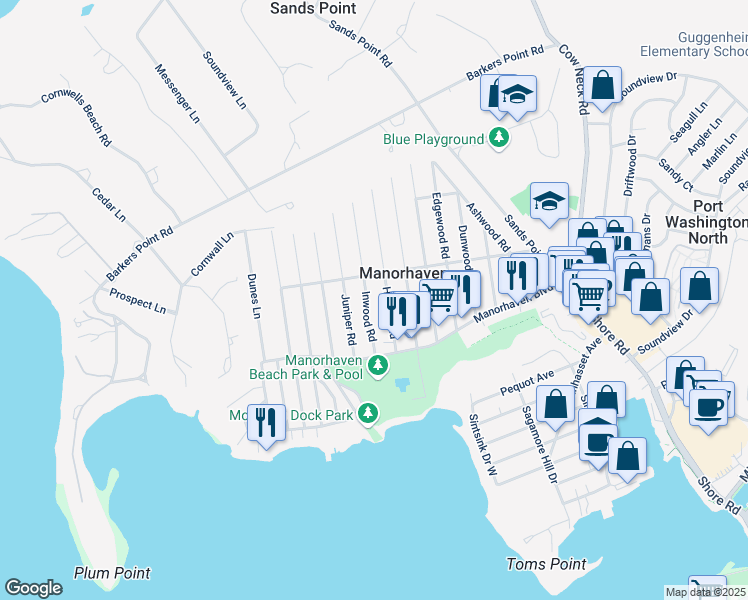 map of restaurants, bars, coffee shops, grocery stores, and more near 16 Inwood Road in Port Washington