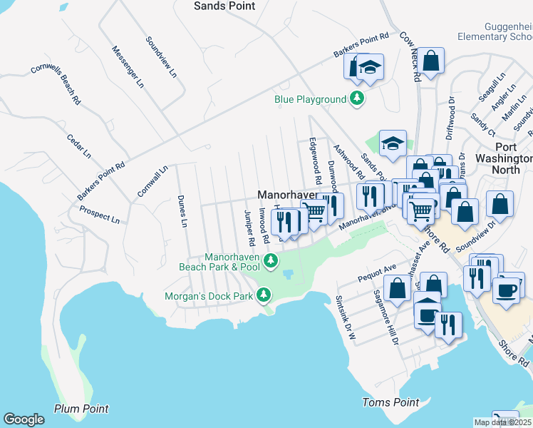 map of restaurants, bars, coffee shops, grocery stores, and more near 16 Inwood Road in Port Washington