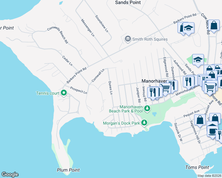 map of restaurants, bars, coffee shops, grocery stores, and more near 19 Marwood Road North in Port Washington