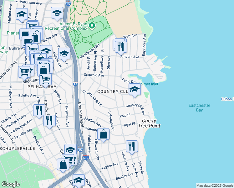 map of restaurants, bars, coffee shops, grocery stores, and more near 1435 Reed Place in The Bronx