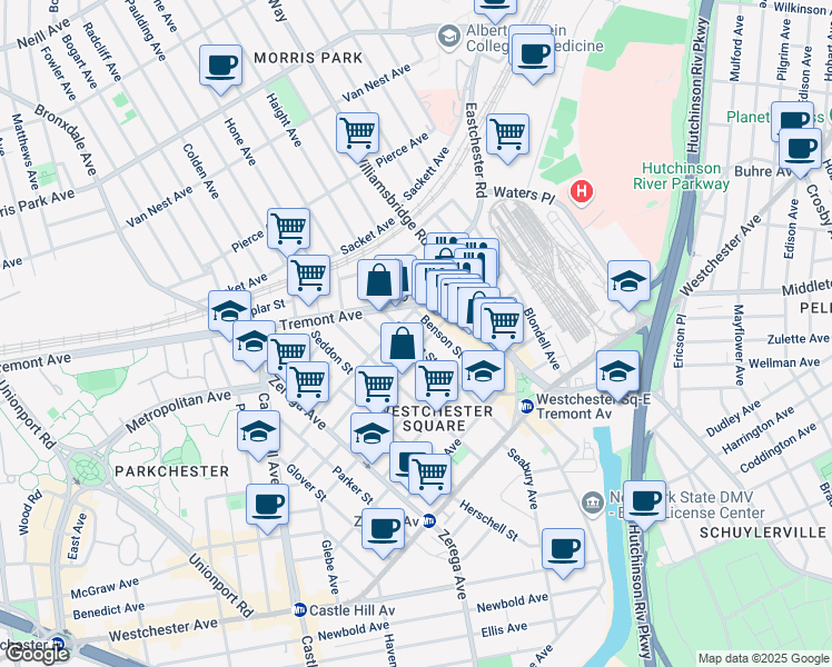 map of restaurants, bars, coffee shops, grocery stores, and more near in The Bronx