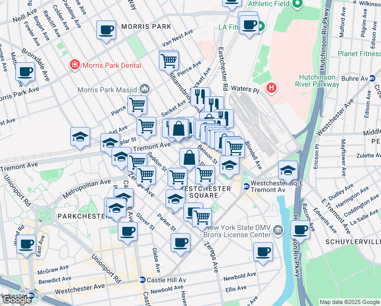 map of restaurants, bars, coffee shops, grocery stores, and more near 2522 Maclay Avenue in Bronx
