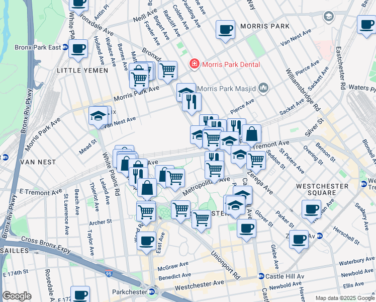 map of restaurants, bars, coffee shops, grocery stores, and more near 2015 East Tremont Avenue in The Bronx