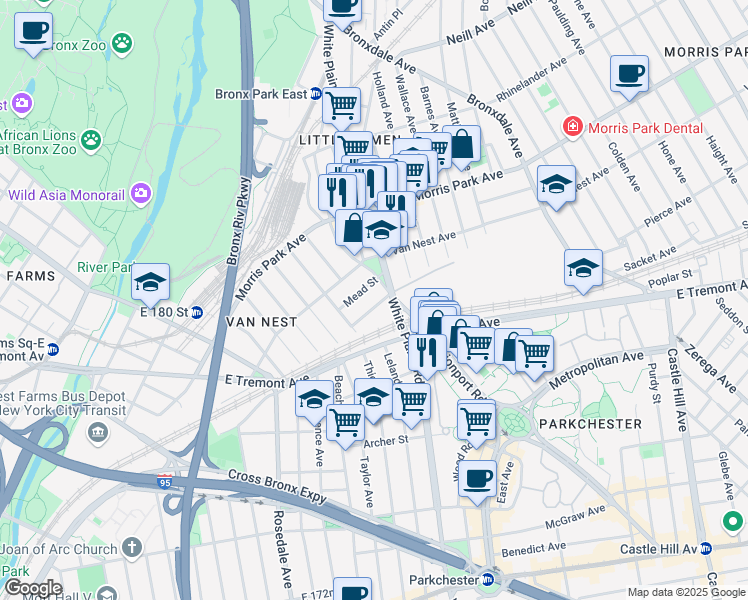 map of restaurants, bars, coffee shops, grocery stores, and more near 628 Baker Avenue in Bronx