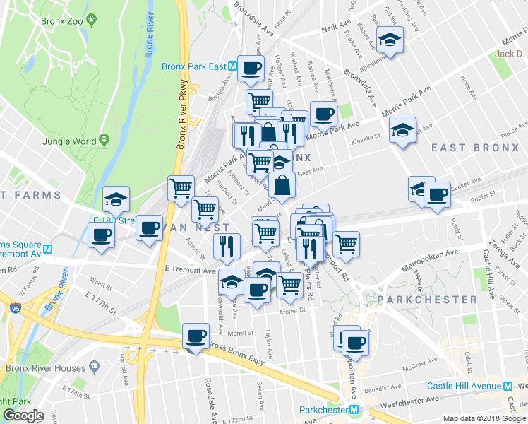 map of restaurants, bars, coffee shops, grocery stores, and more near 628 Baker Avenue in Bronx