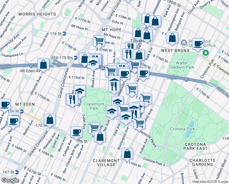 map of restaurants, bars, coffee shops, grocery stores, and more near 1625 Webster Avenue in Bronx