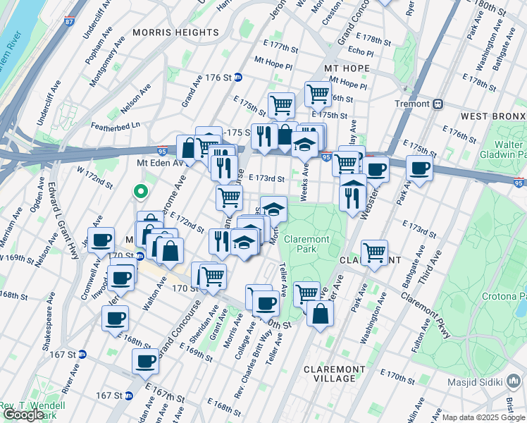 map of restaurants, bars, coffee shops, grocery stores, and more near 1540 Morris Avenue in Bronx
